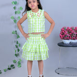 Lime Green White Checks Embroidered Coord Set