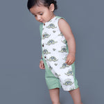 Baby boy wearing Dino printed green romper with a cute tail popping out