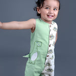 Baby boy wearing Dino printed green romper with a cute tail popping out