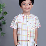 White Green Red Checks Shirt with Mandarin Collar for Boys