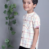 White Green Red Checks Shirt with Mandarin Collar for Boys