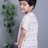 White Green Red Checks Shirt with Mandarin Collar for Boys