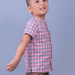 boy wearing Pink checks shirt with Mandarain coller