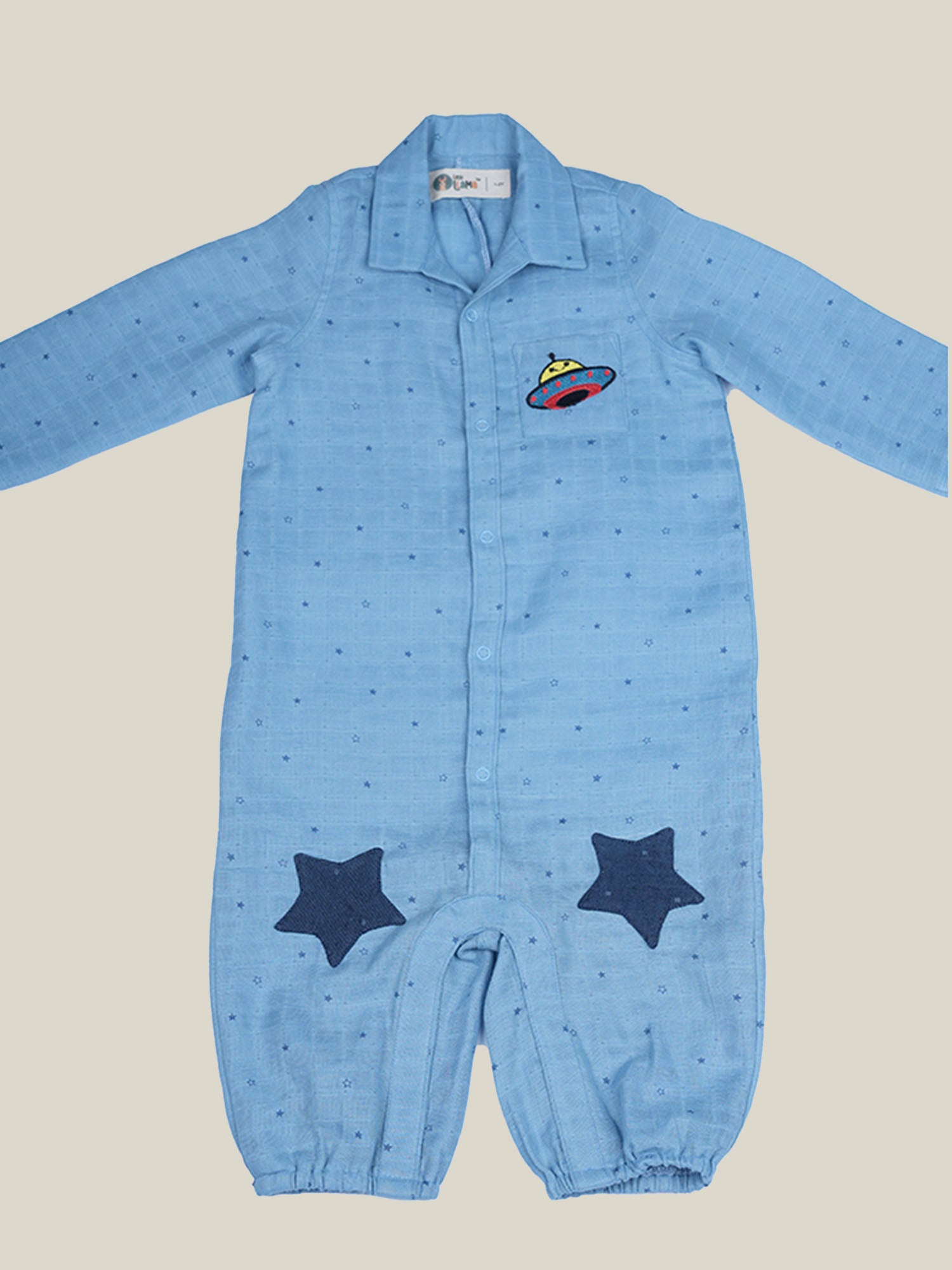 Blue cotton romper with stars on it