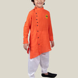 Orange Cotton Dobby Kurta with White Pathani Pants