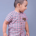 boy wearing Pink checks shirt with Mandarain coller