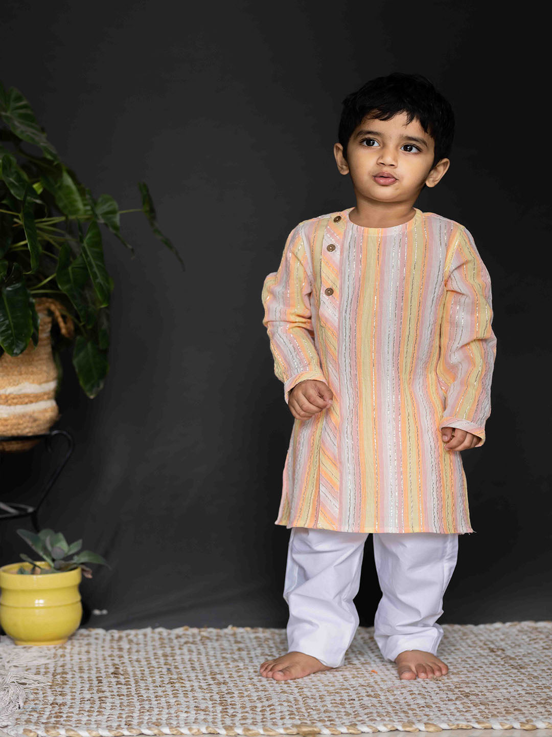 Boy wearing Stripes Kurta and White Pants