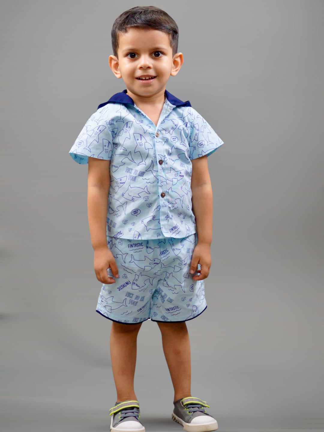 Boy wearing Sharks printed Cotton Coord set which has a hood