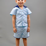 Boy wearing Sharks printed Cotton Coord set which has a hood