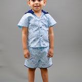 Boy wearing Sharks printed Cotton Coord set which has a hood