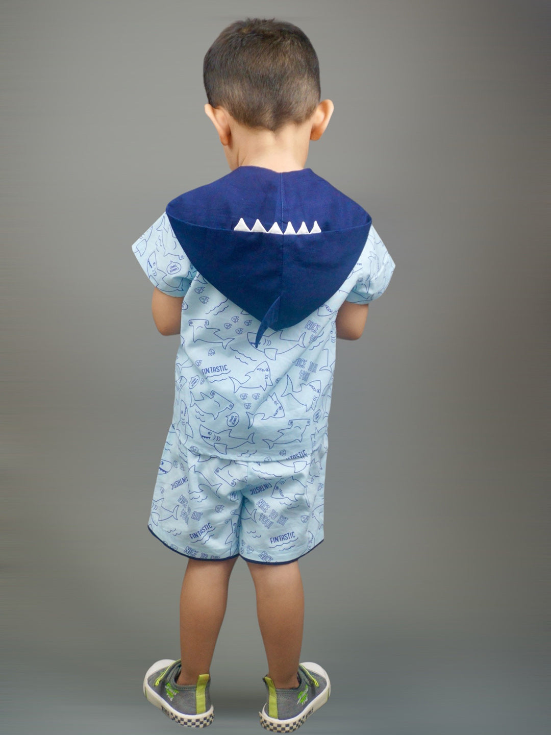 Boy wearing Sharks printed Cotton Coord set which has a hood