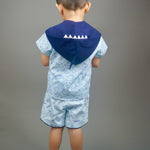 Boy wearing Sharks printed Cotton Coord set which has a hood