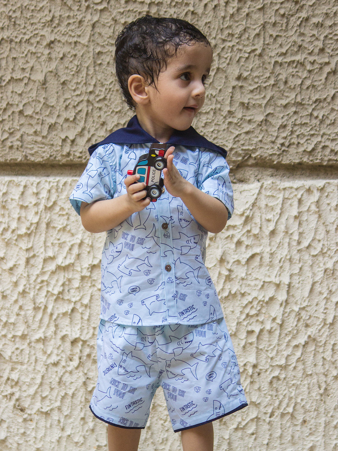 Boy wearing Sharks printed Cotton Coord set which has a hood