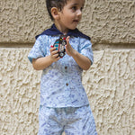 Boy wearing Sharks printed Cotton Coord set which has a hood