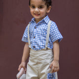 Off White Suspender shorts with Check Shirt for Baby Boys