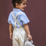 Off White Suspender shorts with Check Shirt for Baby Boys