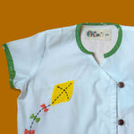 Baby Boy wearing Cotton Angrakha Kurta with kite embroidery and green pants