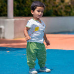 Baby Boy wearing Cotton Angrakha Kurta with kite embroidery and green pants