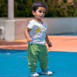 Baby Boy wearing Cotton Angrakha Kurta with kite embroidery and green pants