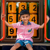 Boy wearing Candy pink Aeroplane shirt & light Denim Shorts 