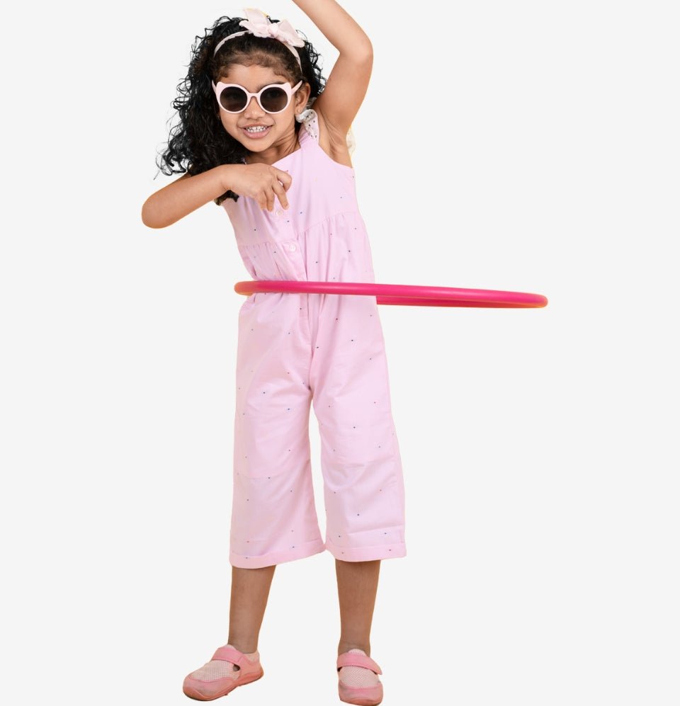 Pink Dobby Cotton Jumpsuit for Girls - littlellama.in