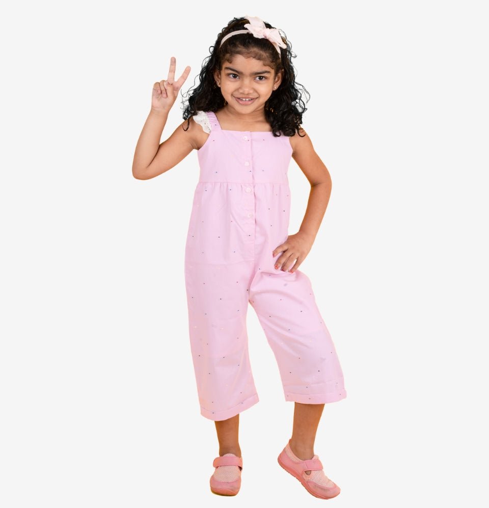 Pink Dobby Cotton Jumpsuit for Girls - littlellama.in