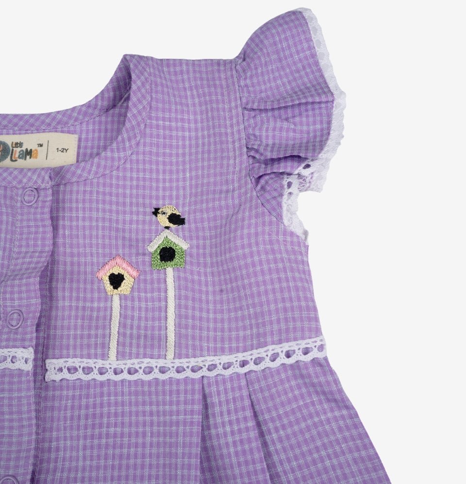 Purple Checks Bird House Romper for Girls - littlellama.in