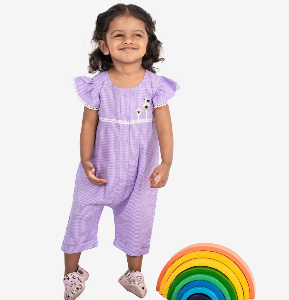 Purple Checks Bird House Romper for Girls - littlellama.in