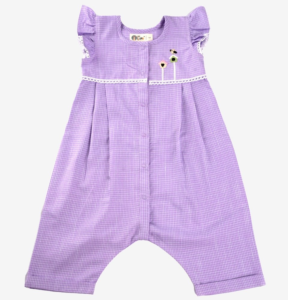 Purple Checks Bird House Romper for Girls - littlellama.in