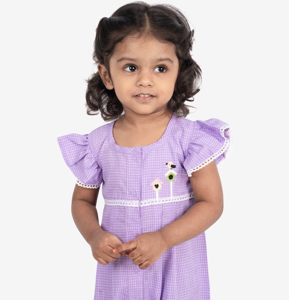 Purple Checks Bird House Romper for Girls - littlellama.in