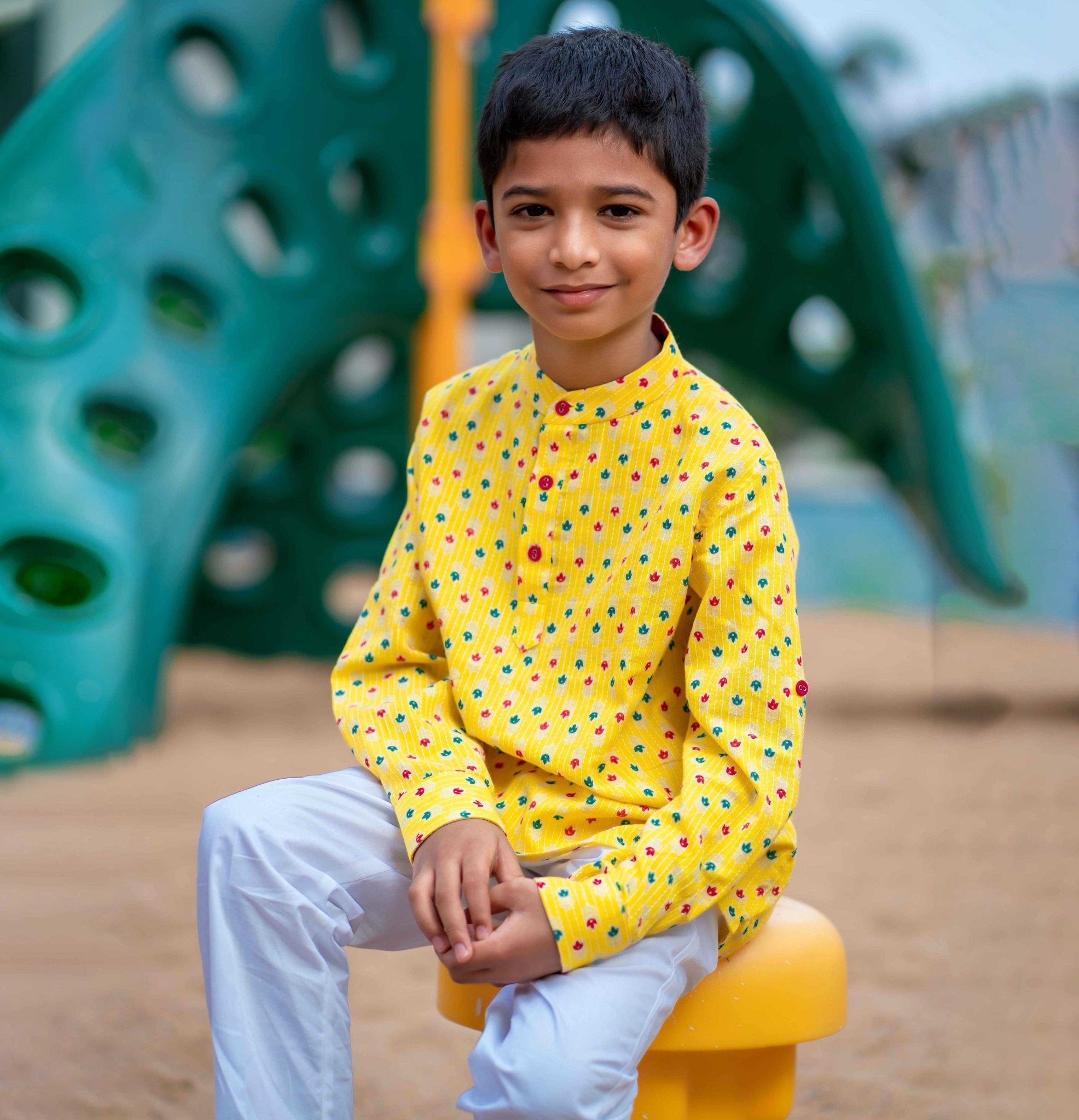 Yellow Kurta Shirt and White Trouser Set for Boys - littlellama.in