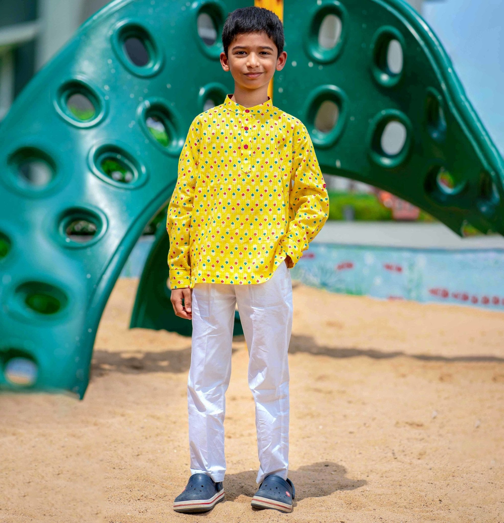 Yellow Kurta Shirt and White Trouser Set for Boys - littlellama.in